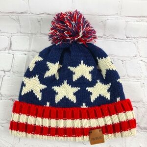 Patriotic Red White Blue American Flag Beanie Pom Pom